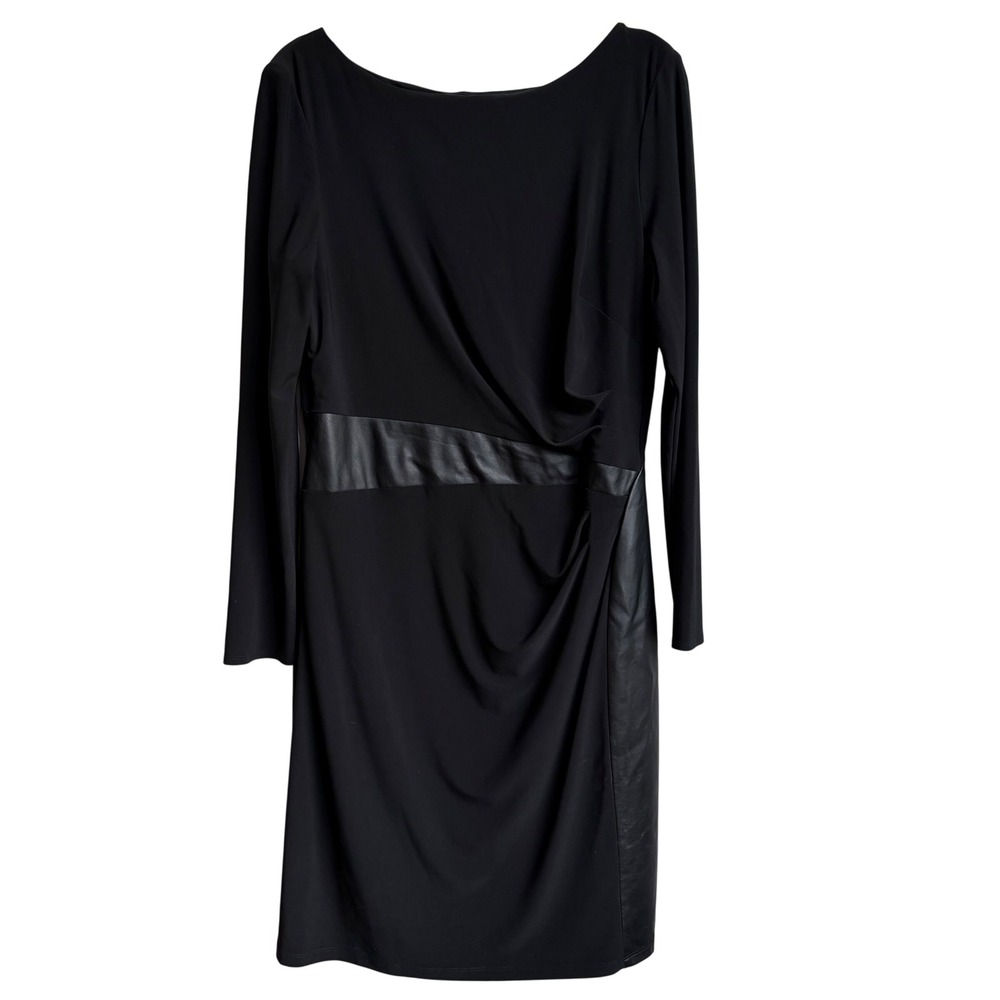 Lauren Ralph Lauren Draped Dress Size 14 Black Faux Leather Trim Long‎ Sleeve